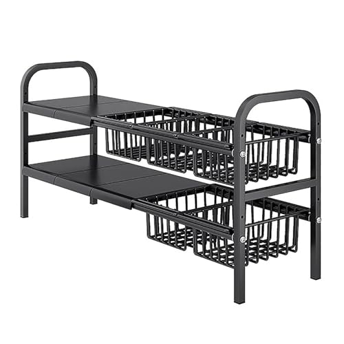 WZFPXIGWE Under Sink Organizer, 2 Tier Expandable Heavy Duty Metal Shelf, with 5 Removable Panels and 5 Storage Basket, for Under Kitchen Sink Organizer