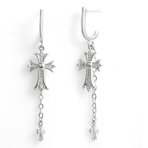 Double Cross Earrings, 925 Sterling Silver Stud Diamond Cross Drop Dangle Tassel Earrings for Women Men, Christian Hypoallergenic Punk Goth Jewelry Gift
