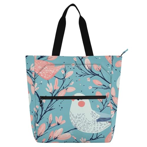 Sac fourre-tout robuste et réutilisable turquoise avec fermeture zippée motif oiseau