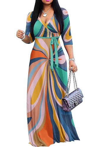Image of FANDEE Plus Size Maxi Dress for Women Casual Summer Sundress V-Neck 3 /4 Sleeve