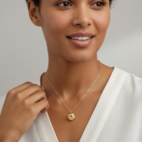 Gold Pendant Necklace 14K Gold Necklaces for Women Love Knot Necklace Artistic Knot Design with Stamped Textures Interlocking Circle Pendant Necklaces for Women Trendy3