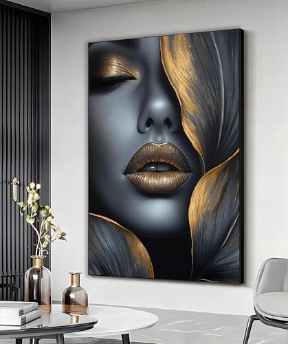 Tableau sur toile femme abstraite 40x60cm lèvres dorées