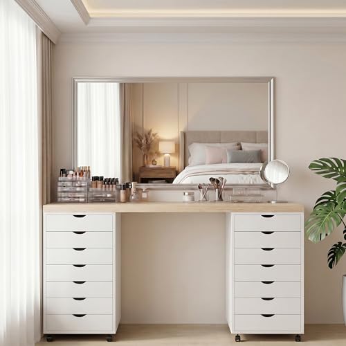 Image of 7 Drawer File Cabinet, Under Desk Storage Organization with Wheels, Mobile Filing Chest for Small Desk Printer Stand for Home Office, White