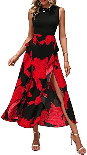 BTFBM Women Casual Sleeveless Summer Dresses 2025 Spring Crewneck Patchwork Boho Floral Ruffle Cocktail Party Midi Dress