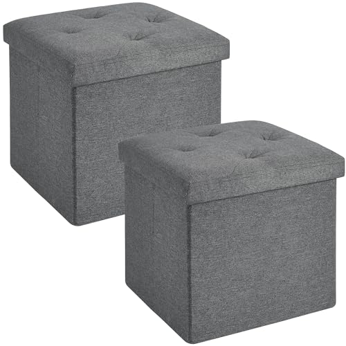 VECELOStorage Ottoman Set of 2, 38cm Folding Footstools, Multipurpose Foot Rest Stool, Foldable Linen Fabric Ottomans, Small Square Ottoman Cube for Living Room/Bed Room/Dorm