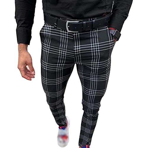 Men's Plaid Business Pants Stylish Stretch Skinny Golf Dress Pant Casual Slim Tapered Fit Flat Front Trousers