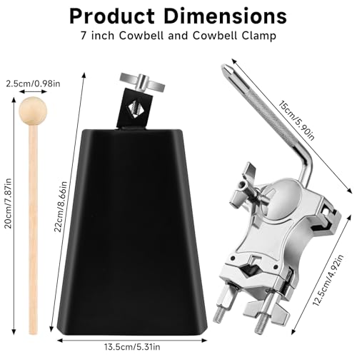 7 Inch Cowbell with L-Rod Clamp Set, Cowbell for Drum Set, Adjustable Mount Bracket, Black Steel Cow Bell for Drum Sets, Percussion Instrument, Sports, Bands, Includes Stick