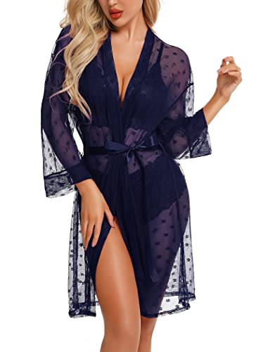RSLOVE Sexy Lingerie Robe Set for Women 3 Piece Lace Kimono with Bra and Panty Sheer Sleepwear Navy Blue L