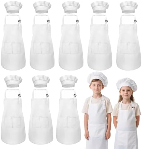 Iagbibui Kids Apron And Chef Hat Set, 16 Pieces Boys Girls Kids Apron With 2 Pockets Adjustable For Cooking Classroom Baking Pai