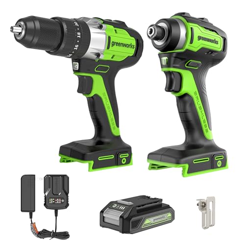 Image of Greenworks 24V Brushless 2PCS Cordless Power Tool Combo Kit, 1950 in-lbs Impact Driver and 530 in-lbs Hammer Drill, with a 2Ah Battery and 2A Fast charger