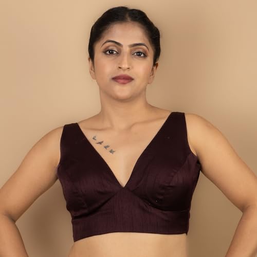 Image of FIGURE'S DESIGNER Women's Dupion Raw Silk Sleeveless V Neck Sabyasachi Cut Readymade Saree Blouse Padded Stitched S4