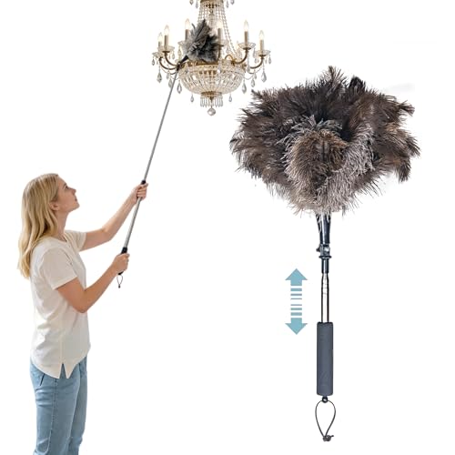 Feather Duster Extendable 2247 Inch Natural Ostrich Feather Duster with Long Handle for High Ceilings Ceiling Fans WallsFurniture(Brown)