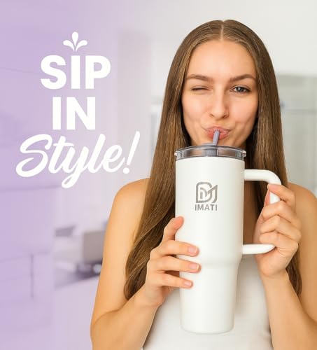 Image of IMATI Insulated Steel Tumbler 1200ml with Flip Straw Side Handle & Leakproof Lid - Stainless Steel Travel Mug Coffee Cup & Water Bottle for Office Gym Car Adults (White 2 Lids 2 Straws Brush)