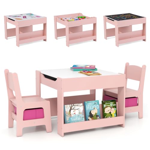 Image of GLACER Kids Table and Chairs, 3 in 1 Craft Table with Storage, Detachable Tabletop, Removable Blackboard for Children Drawing, Reading, Toddler Table and Chair Set for Playroom (White + Pink)