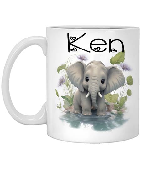 Baby Elephant Personalized Coffee Mug, Custom Watercolor Mug with Name, Gift for Boy, Birthday Gift for Him Name Ken 11oz White Mug Elephant Name Boy, Mug for Kids 219144