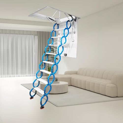 Mofgoe Escalera de ático de 10 escalones con pasamanos, Sistema de Escalera abatible, Escalera Extensible para Almacenamiento en el Garaje o el Loft, Capacidad de Carga,Azul,70 * 100cm