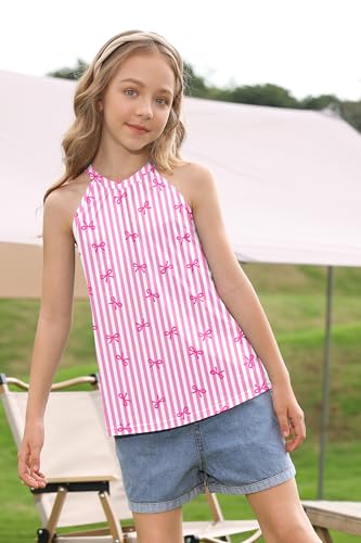 Image of BesserBay Girls Summer Back Button Halter Neck Tank Top Cold Shoulder Casual Blouse Pleated Sleeveless Shirts 5-14 Years