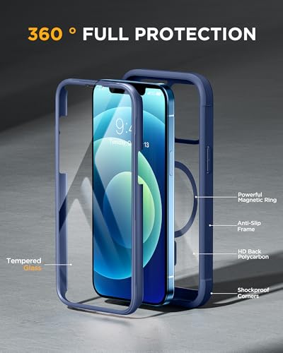 Image of Miracase Glass Series Designed for iPhone 12 /12 Pro 6.1 Inch, Upgrade Full-Body Magnetic Case with Built-in 9H Tempered Glass Screen Protector, with Camera Lens Protector, Magnetic Blue