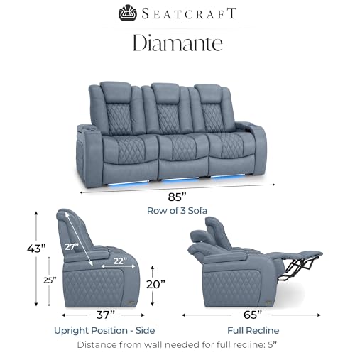 Image of Seatcraft Diamante Smokey Blue Italian Leather Home Theater Seating, Zero Gravity Power Recliner, Gaming and Home Office Chair, Powered Headrest Furniture for Family Cinema Room, Row of 3 Sofa