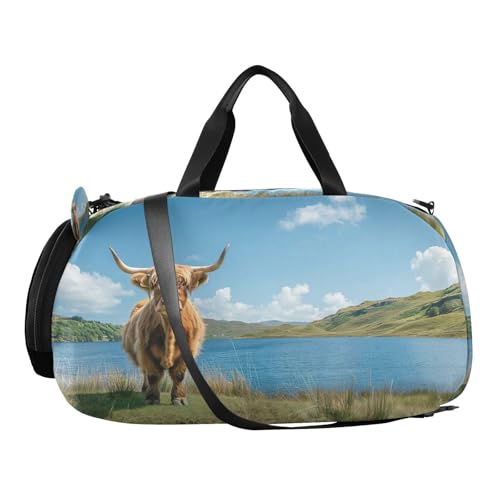 YETTASBIN Sport Travel Duffel Bag for Girls Boys, Hignland Cow Large Waterproof Weekender Overnight Bag, Detachable Shoulder Strap Gym Bag with Shoe Compartment & Wet Pocket2