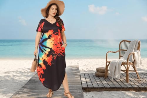 Image of Women's Plus Size Maxi Dresses V Neck Casual Short Sleeve Loose Pocket Slits Long Dress XL-5XL