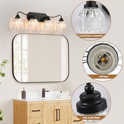 Image of Vintage Bathroom Light Fixtures, 4 Light Bathroom Vanity Light, Black Matte Antique Brass Finish with Crystal Glass Shade, Mid Century Wall Sconces for Bedroom, Living Room, Hallway