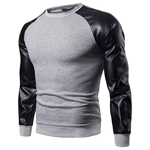 JEsilunmaMY Men's Patchwork Leather Sweatshirt Long Sleeve Round Neck Pullover Tunic Tops Lightweight Casual Sport Jumpers2