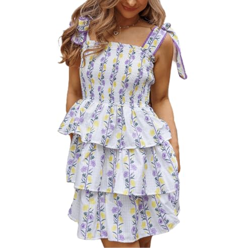 Image of Women Y2K Tie Shoulder Mini Dress Bow Babydoll Ruffle Short Dress Summer Boho Floral Flowy Beach Sundress