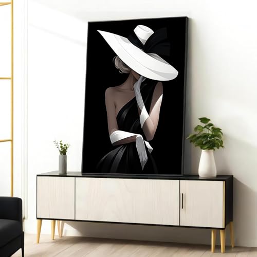 Tableau sur toile femme élégante robe noire affiche mode noir et blanc luxueuse 50x70