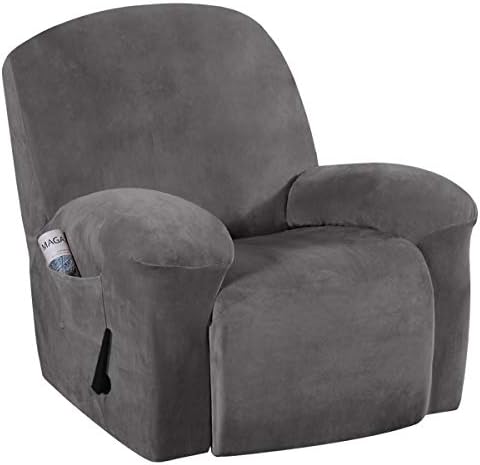 H.VERSAILTEX Recliner Chair Cover Velvet Plush 1-Piece Recliner Covers for Large Recliner, Soft Thick Luxury Velvet Furniture Protector with Elastic Bottom, Anti-Slip Foams Attached (Recliner, Grey)