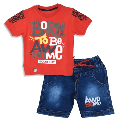 Image of Fancy Kids Pure Cotton T-Shirt And Denim Jeans Shorts Set For Boys