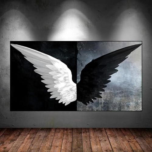 Affiche ailes abstraites pour salon contemporain : grand tableau mural chic noir et blanc