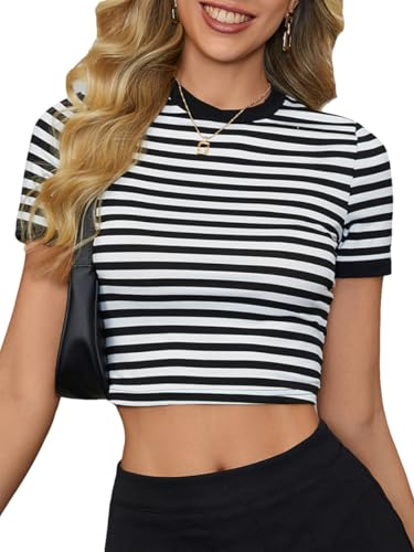 OYOANGLE Women's Striped Print Crew Neck Short Sleeve T Shirts Slim Fit Crop Tee Tops