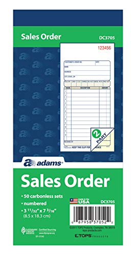Adams Sales Order Book, 2-Part, Carbonless, White/Canary, 3-11/32 x 7-3/16 Inches, 50 Sets per Book (DC3705)