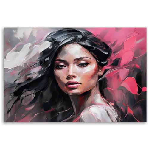 Cuadro de retrato de mujer abstracto en lienzo moderno rosa y negro para salón de 40x60 cm