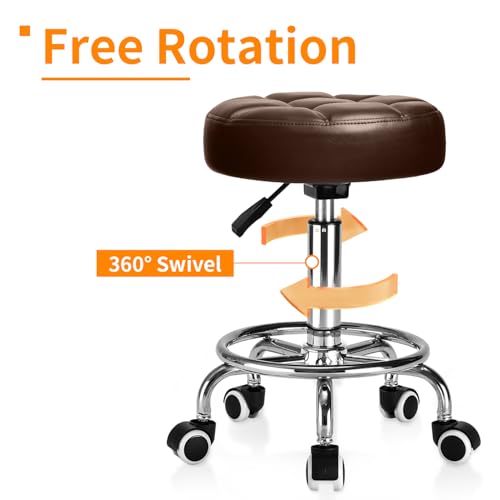 Image of Rolling Stool PU Leather Round - Ultra Soft Padded Seat Cushion Stool with Wheels with Footrest, Weight Capacity 300lb,Adjustable Height Stool for Tattoo Massage Salon Medical Spa Center (Brown)