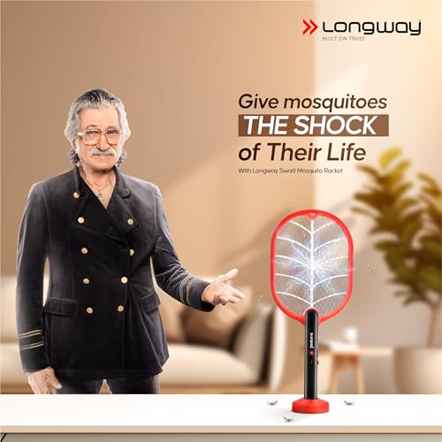 Image of Longway Swatt 2 in 1 UV Light Rechargeable Mosquito Killer Racket with Base Stand | 3500V DC Voltage on The Net Mesh | USB Type-C Charging | 1 Month Stand by 1200mah Long Lasting Battery (Black)