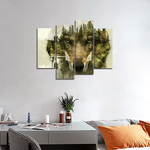 Wolf 4 Pieces Modern Canvas Painting Wall Art The Picture For Home Decoration Wolf Pine Trees Forest Water Wolf Animal Print On Canvas Giclee Artwork For Wall Decor #TOP2