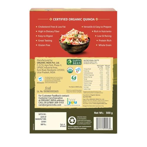 Image of A TATA Product - Organic India Quinoa - 500g | Nutrient-Rich Whole Grain | Protein-Rich | Gluten-Free | Source of Iron & Magnesium (Pack of 3)