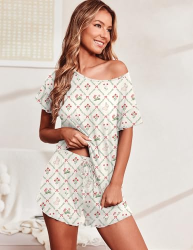 Image of Ekouaer Women's Pajama Set Ruffle Sleeves Top and Short | 2 Piece Ruffle Hem Sleeves Top and Shorts Pjs Set, Soft Short Sleepwear Set, Elastic Waistband Design
