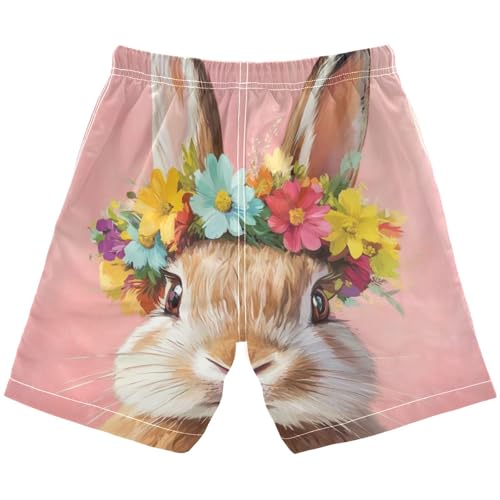 DOMIKING Floral Crown Rabbit Pink Boys' Pull On Swim Trunks Quick Dry Boardshorts with Mesh Lining for Hiking Swimming M2
