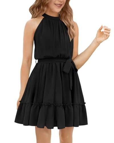 Halomoning - Vestido de niña sin mangas, clásico, informal, largo hasta la rodilla, para verano, princesa, fiesta, boda, cintura A (con botones), Negro-1., 9-10 años