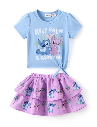 Image of Disney Lilo & Stitch Toddler Girl Dress: 2PCS Skirt Set Summer T-shirt Dress Short Sleeves Tie Knot Top and Tiered Ruffle Skirts Outfit Blue 6-7 Years