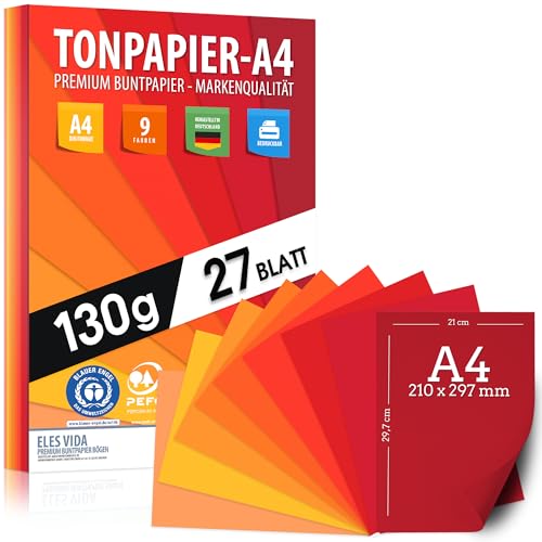 ELES VIDA Papel de arcilla rojo rubí de colores fuego 27 unidades púrpura A4 – 130 g hojas – Arco de manualidades – Naranja más grueso como cartón de arcilla