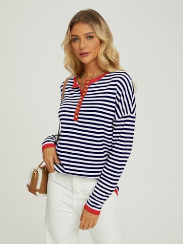 Lillusory Womens Striped Henley Sweater Long Sleeve Shirt Oversized Knit Trendy Pullover Top Fall Fashion Clothes 2024 Red-Striped Royal Medium thumb #1