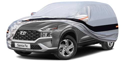 Image of Holhtly Car Cover Custom Fit for Hyundai Santa Fe, Car Covers for Automobiles All Weather Waterproof Sun Snow Rain Wind Dust Protection, Outdoor Car Cover Gray & Black