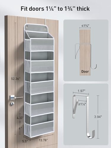 Image of Yecaye 1 Pc Over the Door Organizer with 5 Bins 10 Side Pockets, 44lbs Load Hanging Bathroom and Bedroom Organizer, behind the Door Hanging Organizers for Nursery Newborn Baby Essential Stuff Grey
