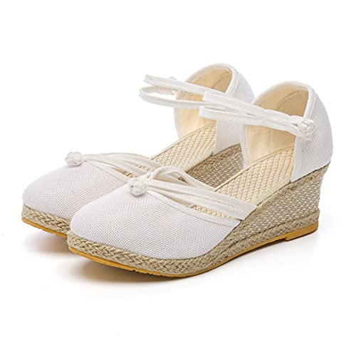 Womenyiaor Sandals for Women Dressy Summer, Women's Ankle Strap Closed Toe Espadrille Wedge Sandals Dressy Platform Wedge Sandals Casual Shoes (a-White, 10)3