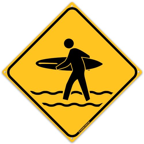 Image of Surfer Crossing 12" x 12" Tin Road Sign Beach Home Bar Hang Ten Surf's Up Decor