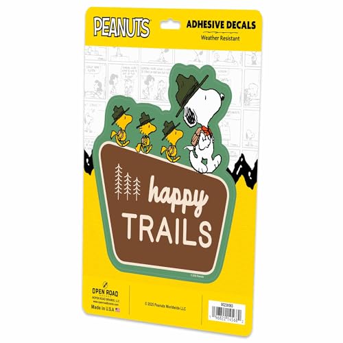 Image of Peanuts Snoopy Happy Trails Adhesive Vinyl Decal - Cute Snoopy Adventure Sticker for Car or Truck